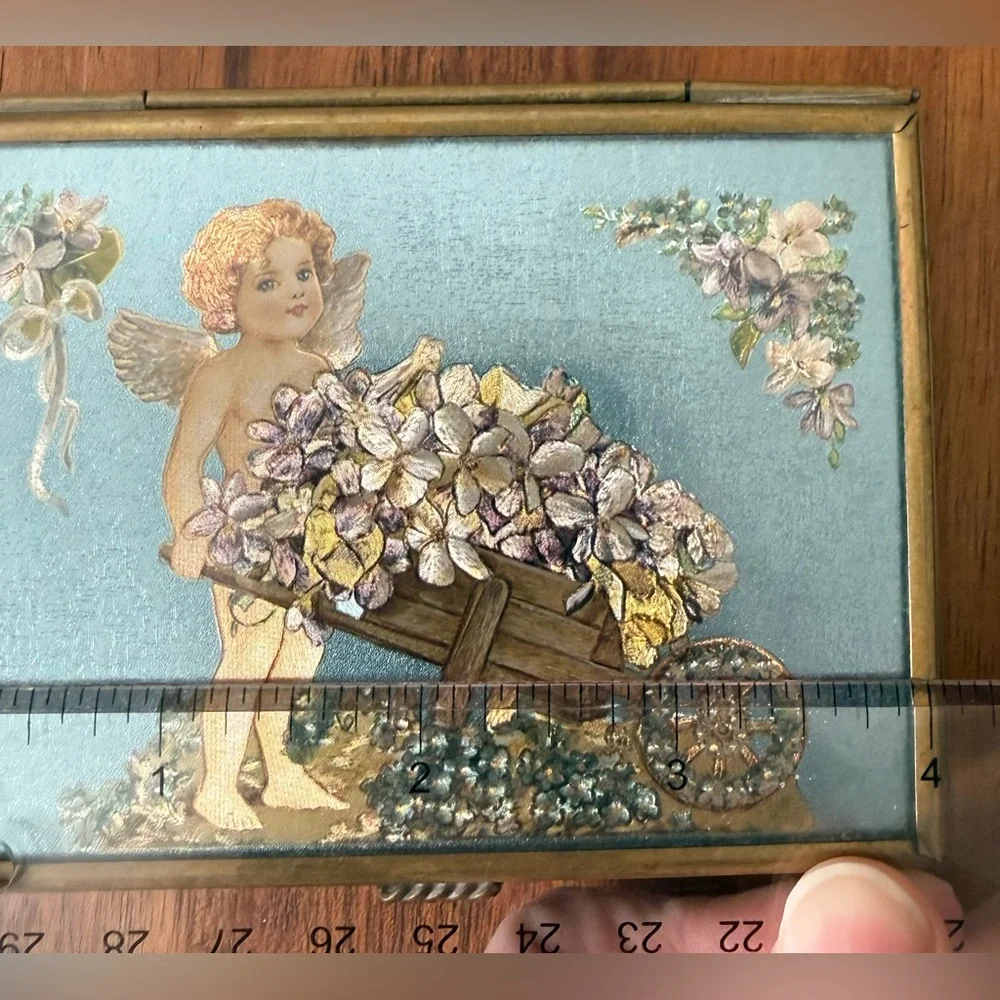 Vintage Gold and Blue Jewelry Organizer Angel Mirrored Glass Trinket box